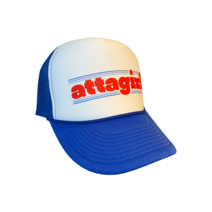 Blue and white foam trucker hat with Attagirl logo perfect for the gym, lifting weights, or rest days