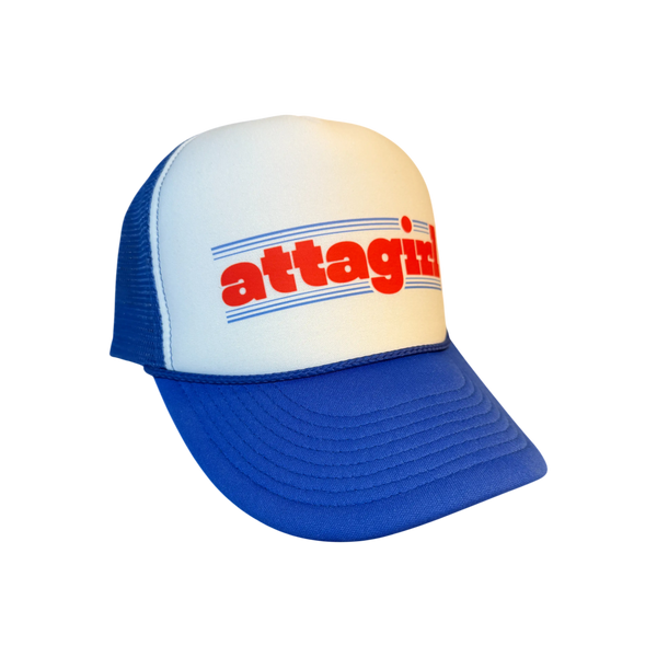 Blue and white foam trucker hat with Attagirl logo perfect for the gym, lifting weights, or rest days