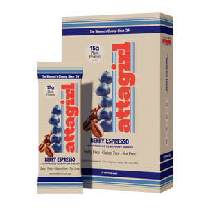 Attagirl berry espresso protein bar box and wrapper – all-natural, protein-powered performance