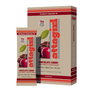 Protein bar pack (box and wrapper) of Attagirl chocolate cherry protein bars – nut-free, no artificial ingredients