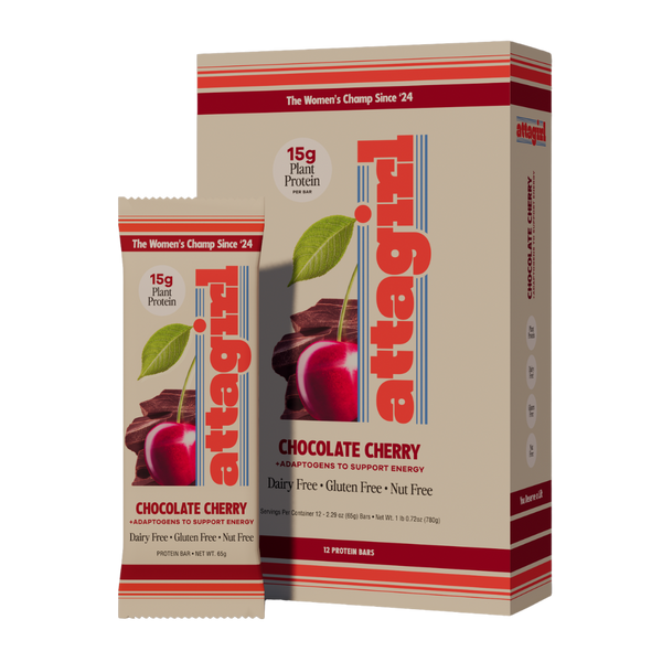 Protein bar pack (box and wrapper) of Attagirl chocolate cherry protein bars – nut-free, no artificial ingredients